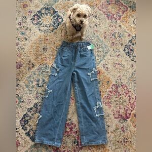 🆕 Rolanko Girls Wide Leg Distressed Denim Pants With Stars- Light Blue. Size 14.